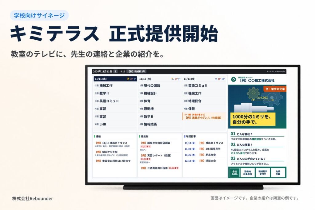 岐阜高専の20歳が起業した学校サイネージ「キミテラス」が正式提供開始 工業高校の教室テレビで地元企業を紹介し、11月から有料掲載へ