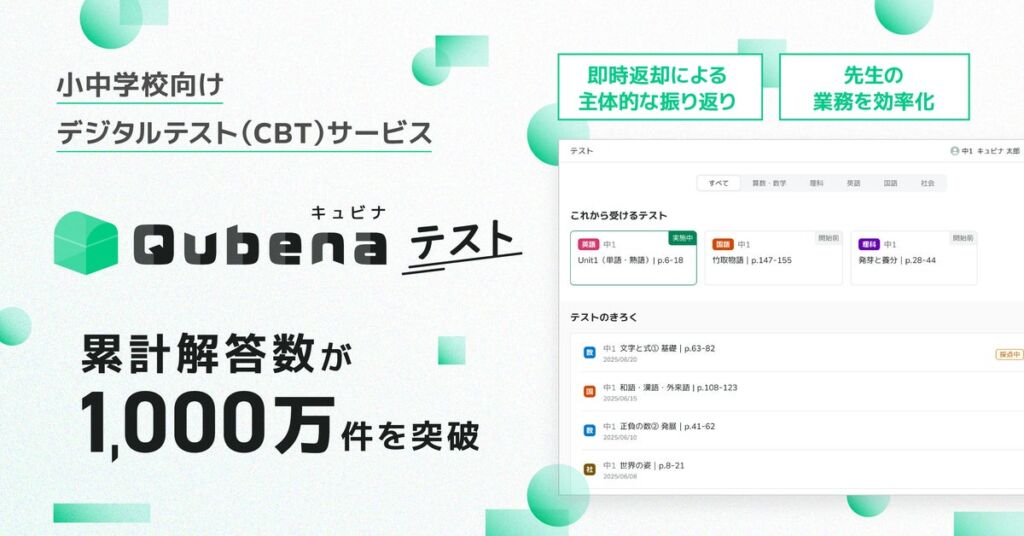 今年度正式リリースの小中学校向けデジタルテスト（CBT）サービス「キュビナ テスト」の累計解答数が1,000万件を突破 ～即時返却による子どもたちの主体的な振り返りや先生の業務効率化に寄与～