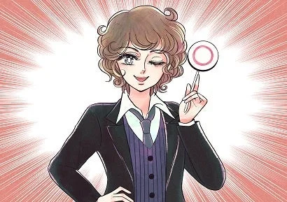 昭和レトロな漫画風の男性キャラクターが、スーツ姿でウィンクしながら笑顔を見せ、正解を示す丸いサインを掲げているイラスト