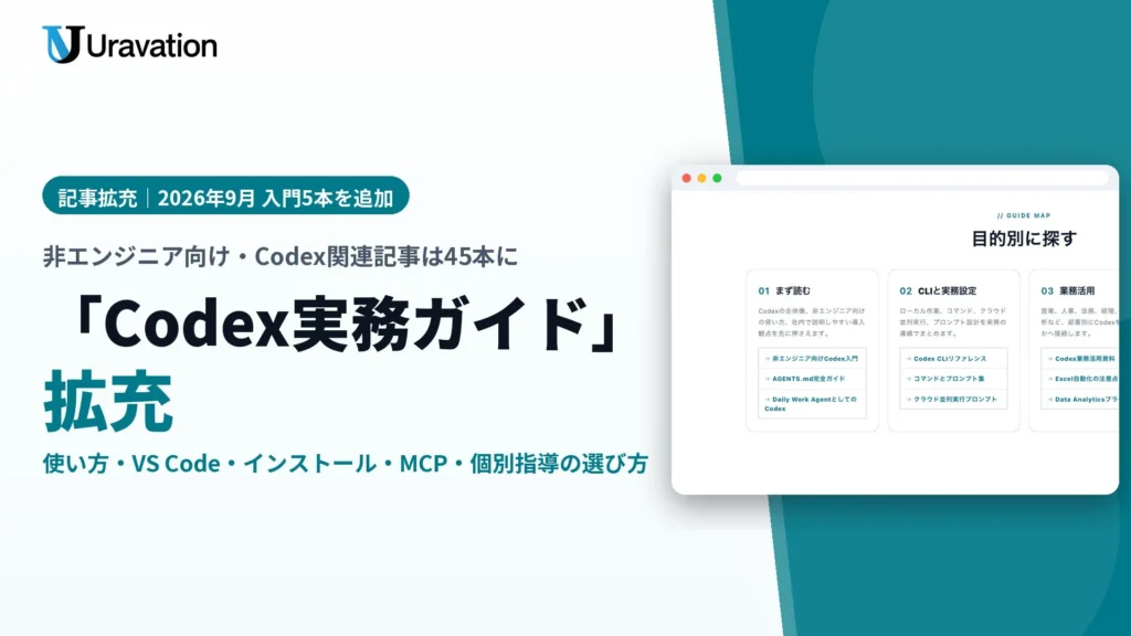 Uravation、「Codex実務ガイド」を拡充し非エンジニア向け入門記事5本を追加。AIを活用した業務自動化をサポートする個別指導も提供開始