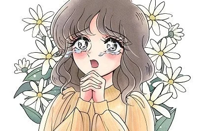 少女漫画風のイラストで、大粒の涙を流し、両手を合わせて悲しみに暮れる女性