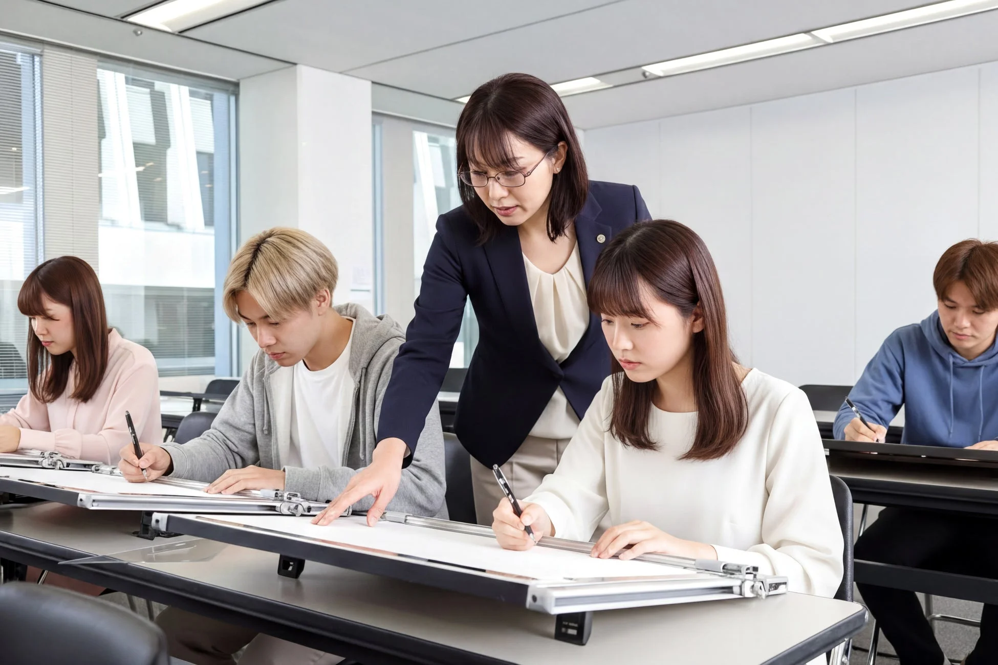 授業,学生,教師,製図,デザイン,建築,教育,学習,教室,デスク,製図板,ペン,指導
