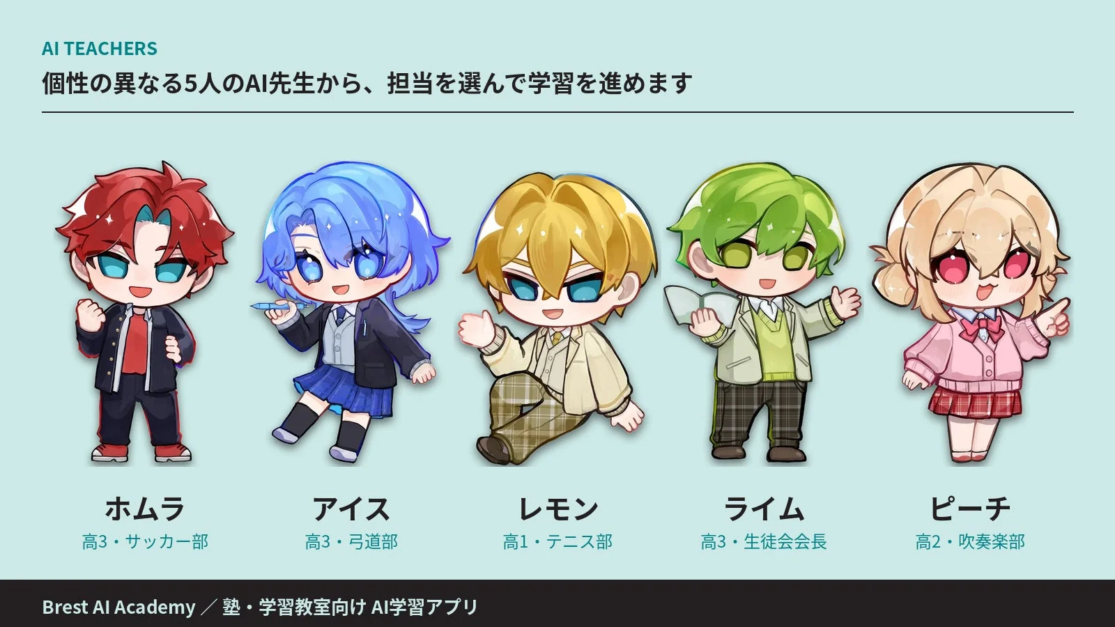 AI TEACHERS 個性豊かな5人のAI先生から、担当を選んで学習を進めます