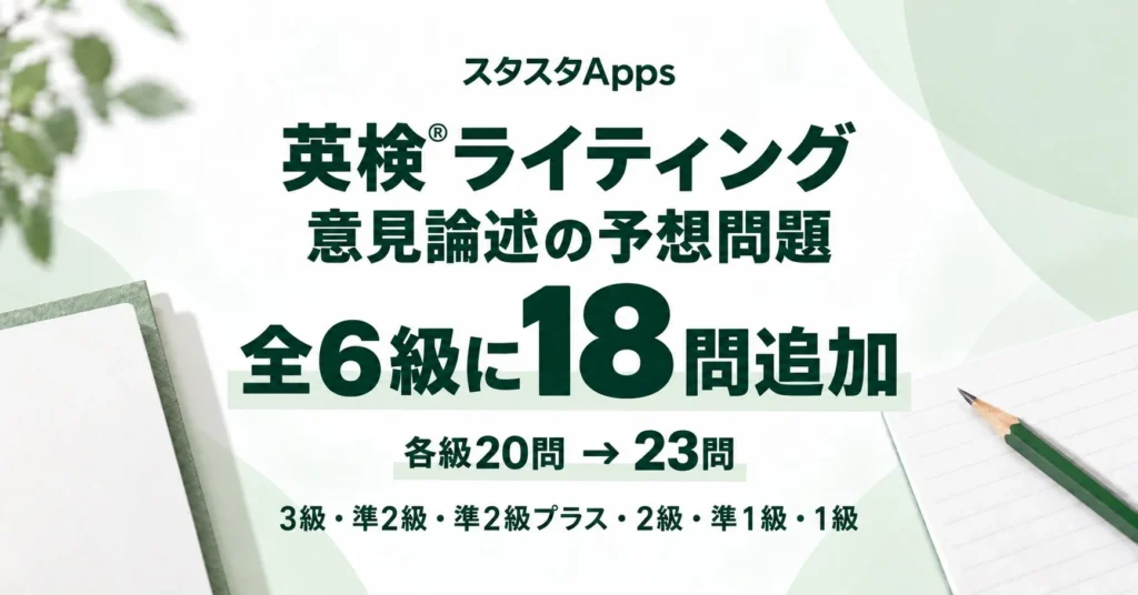 英検®ライティング対策を強化！スタスタAppsが意見論述の予想問題を全6級に18問追加、本番さながらの練習が可能に
