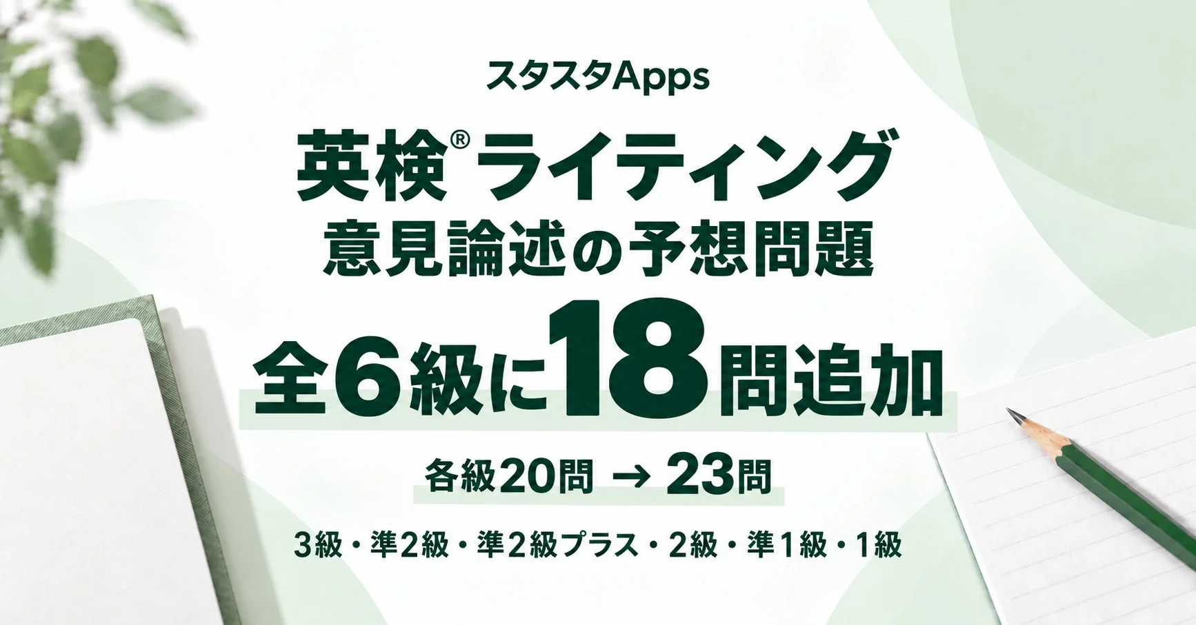 スタスタApps 英検®ライティング 意見論述の予想問題 全6級に18問追加