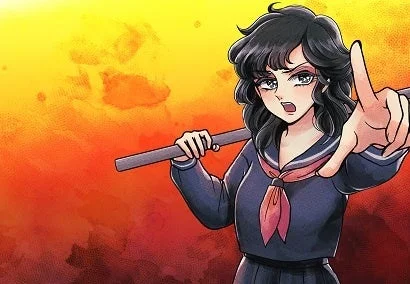 セーラー服を着た女子学生が、棒を肩に担ぎながら、片手を前に突き出して何かを指差したり、止めようとしているかのようなポーズ